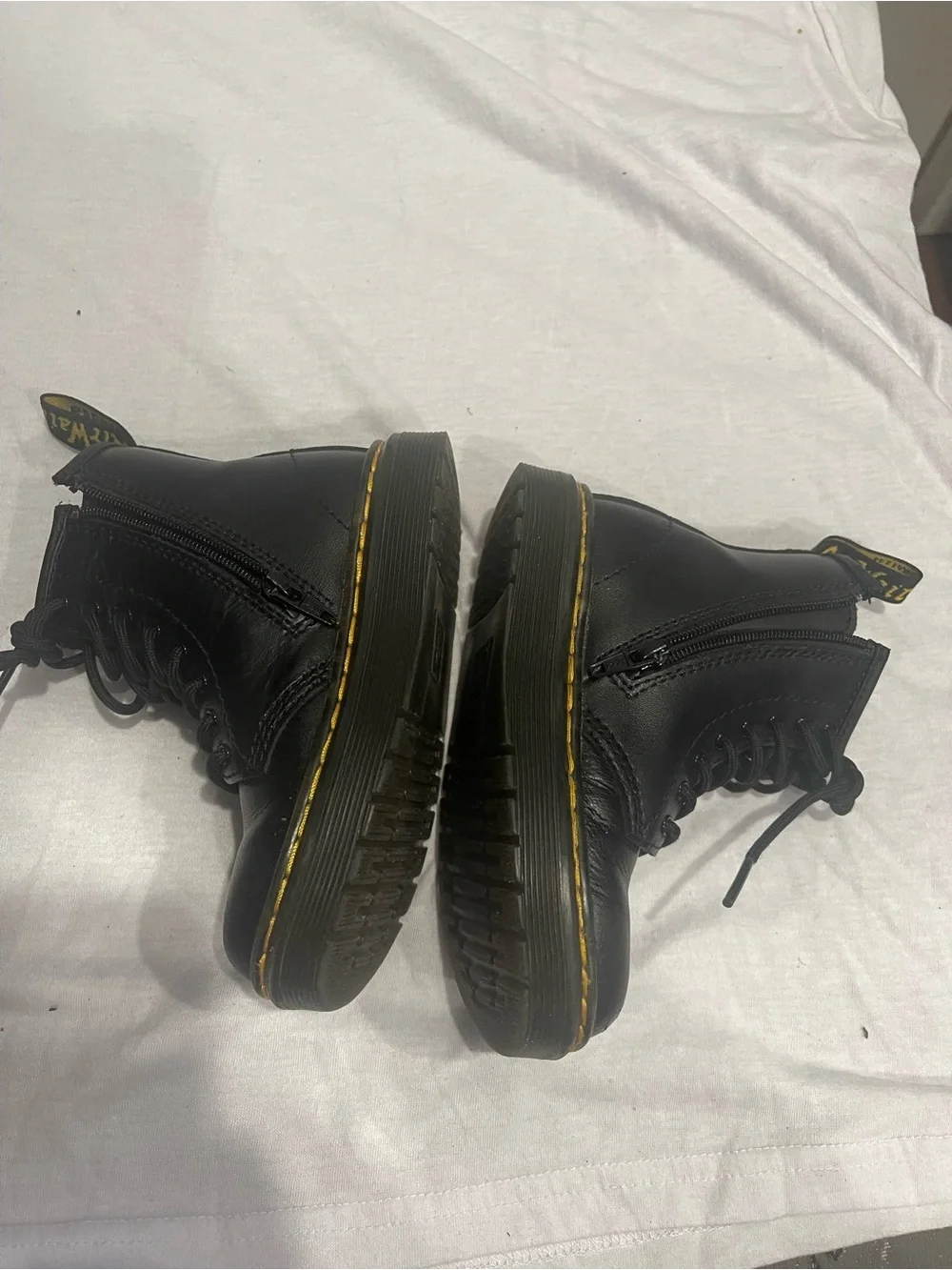 Dr. Martens Black Kids Lace-Up Combat Boots with Yellow Stitching
